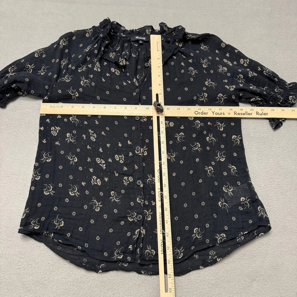 Madewell Top Womens Small Black Floral Cotton Ruffle Neck Short Puff Sleeve